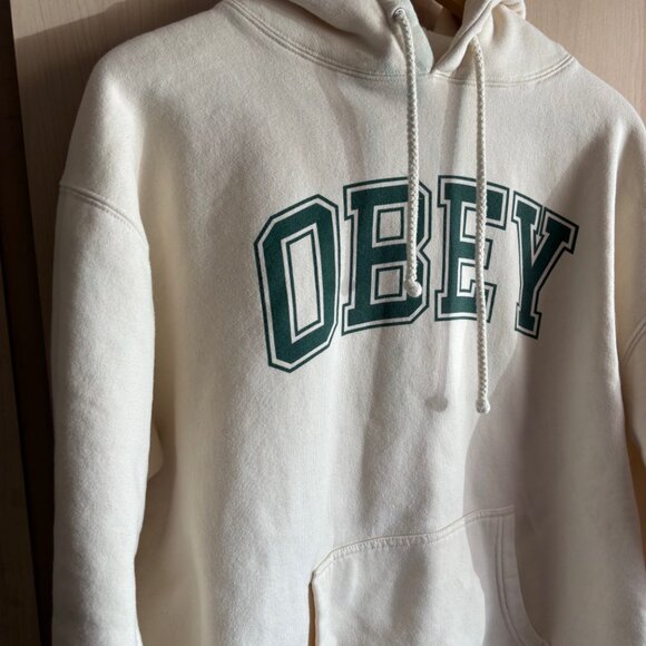 Obey Worldwide Hoodie Size Large L Cream‎ Hooded Sweatshirt Streetwear *Spots - Picture 2 of 8